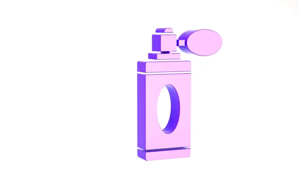白い背景にアトマイザーアイコンが分離されたパープルアフターシェービングボトル。ケルンスプレーアイコン。男性香水瓶。最小限の概念。3Dイラスト3Dレンダリング — ストック写真