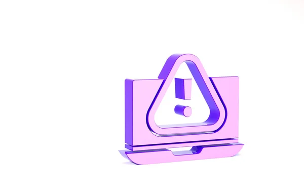 Laptop roxo com ícone de ponto de exclamação isolado no fundo branco. Notificação de smartphone de mensagem de alerta. Conceito de minimalismo. 3D ilustração 3D render — Fotografia de Stock