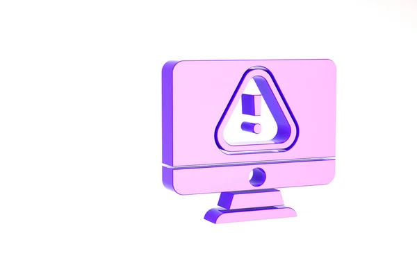 Monitor de computador roxo com ícone de ponto de exclamação isolado no fundo branco. Notificação de smartphone de mensagem de alerta. Conceito de minimalismo. 3D ilustração 3D render — Fotografia de Stock