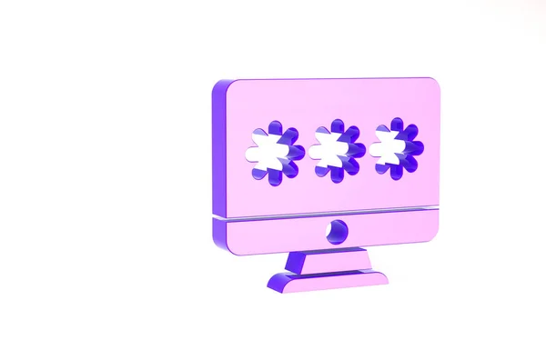 Фиолетовый монитор с значком уведомления пароля, выделенным на белом фоне. Безопасность, личный доступ, авторизация пользователя, форма входа. Концепция минимализма. 3D-рендеринг — стоковое фото