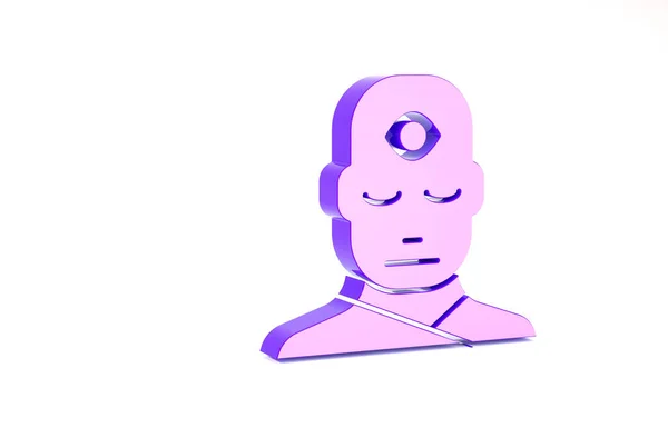 Purple Man z ikoną trzeciego oka na białym tle. Koncepcja medytacji, wizja energii, aura. Koncepcja minimalizmu. Ilustracja 3D 3D renderowania — Zdjęcie stockowe