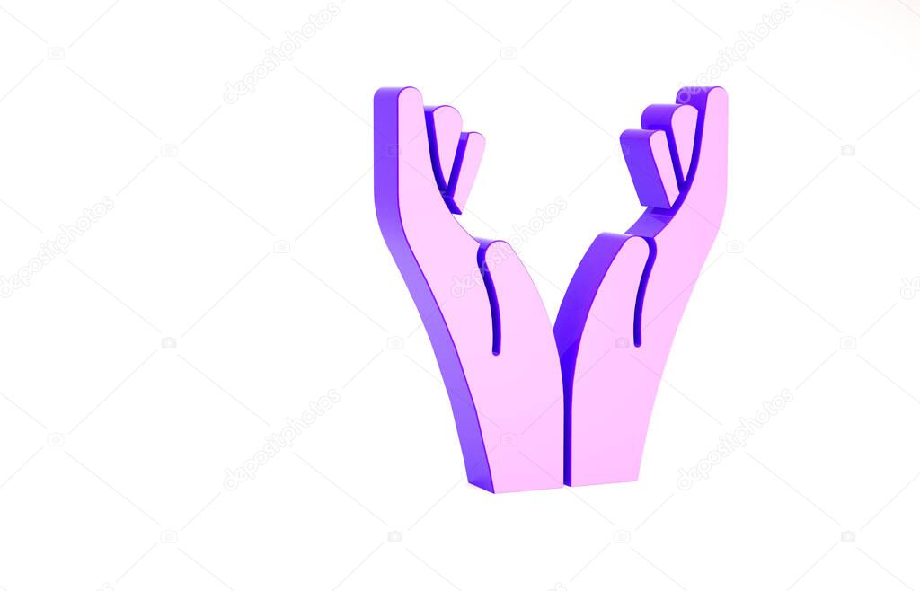 Purple Hands in praying position icon isolated on white background. Prayer to god with faith and hope. Minimalism concept. 3d illustration 3D render