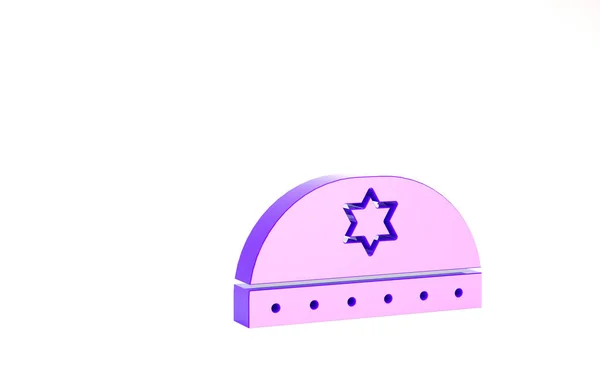Kippah ebreo viola con stella di icona david isolata su sfondo bianco. Cappello ebreo in yarmulke. Concetto minimalista. Illustrazione 3d rendering 3D — Foto Stock