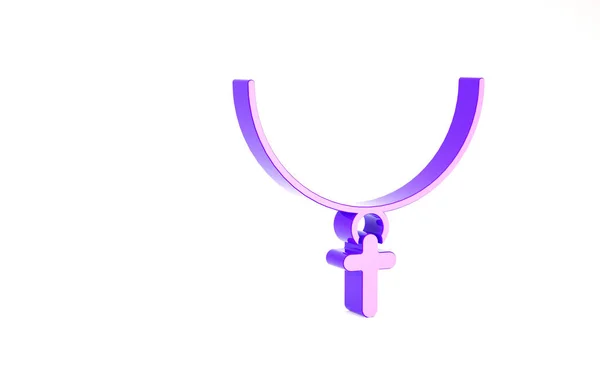 Purple Christian cross on chain icon isolated on white background. Church cross. Minimalism concept. 3d illustration 3D render — Stock Photo, Image