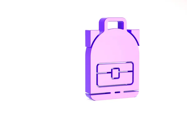 Purple Hiking icono de la mochila aislado sobre fondo blanco. Camping y montaña explorando mochila. Concepto minimalista. 3D ilustración 3D render —  Fotos de Stock