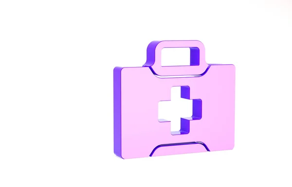 Фиолетовый значок аптечки на белом фоне. Медицинская коробка с крестом. Медицинское оборудование для чрезвычайных ситуаций. Концепция здравоохранения. Концепция минимализма. 3D-рендеринг — стоковое фото