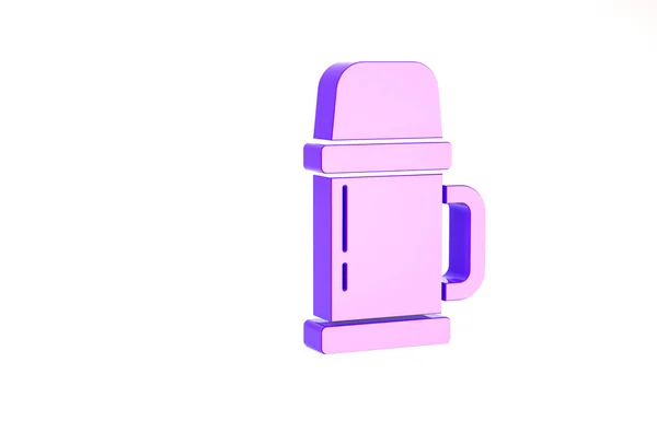 Icône de conteneur Thermos violet isolé sur fond blanc. Icône de la fiole thermique. Matériel de camping et de randonnée. Concept de minimalisme. Illustration 3D rendu 3D — Photo