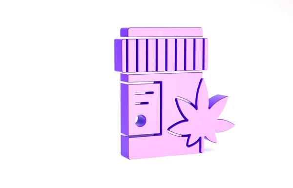 Пурпурная медицинская бутылка с марихуаной или иконой листьев конопли изолированы на белом фоне. Изображение экстрактов масла конопли в банках. Концепция минимализма. 3D-рендеринг — стоковое фото
