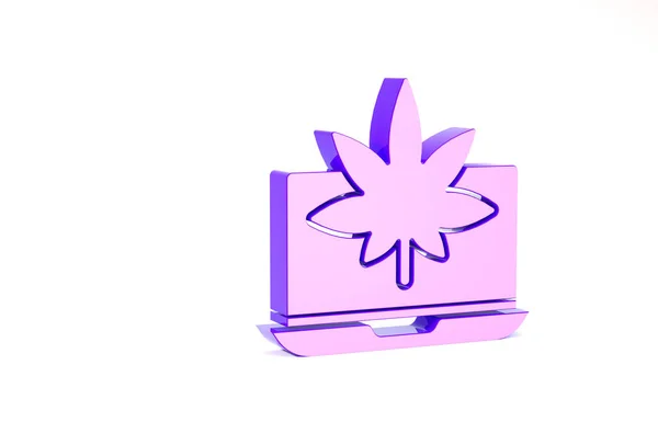 Laptop viola e marijuana medica o icona di foglie di cannabis isolate su sfondo bianco. Simbolo di acquisto online. Cesto del supermercato. Concetto minimalista. Illustrazione 3d rendering 3D — Foto Stock