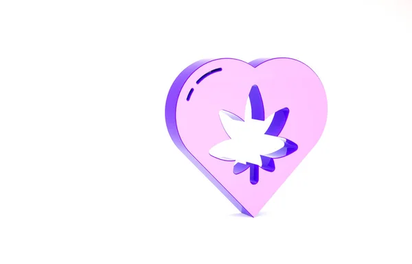 Purple Marijuana leaf in heart shape icon isolated on white background. Hemp symbol. Minimalism concept. 3d illustration 3D render — Stock Photo, Image