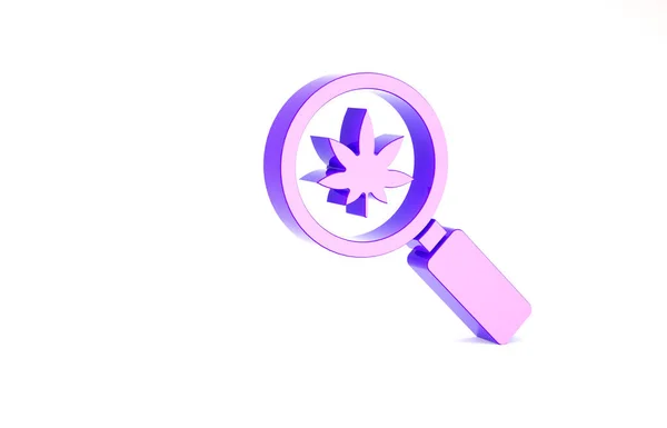 Purple Magnifying glass and medical marijuana or cannabis leaf icon isolated on white background. Hemp symbol. Minimalism concept. 3d illustration 3D render — Stock Photo, Image