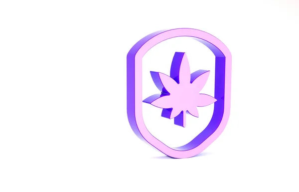 Purple Shield και μαριχουάνα ή φύλλο κάνναβης εικόνα απομονώνονται σε λευκό φόντο. Νομιμοποίηση μαριχουάνας. Σύμβολο κάνναβης. Μινιμαλιστική έννοια. 3d απεικόνιση 3D καθιστούν — Φωτογραφία Αρχείου