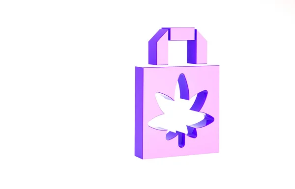 Фиолетовый Магазинный бумажный пакет медицинской марихуаны или листьев конопли, выделенный на белом фоне. Покупаю марихуану. Символ конопли. Концепция минимализма. 3D-рендеринг — стоковое фото