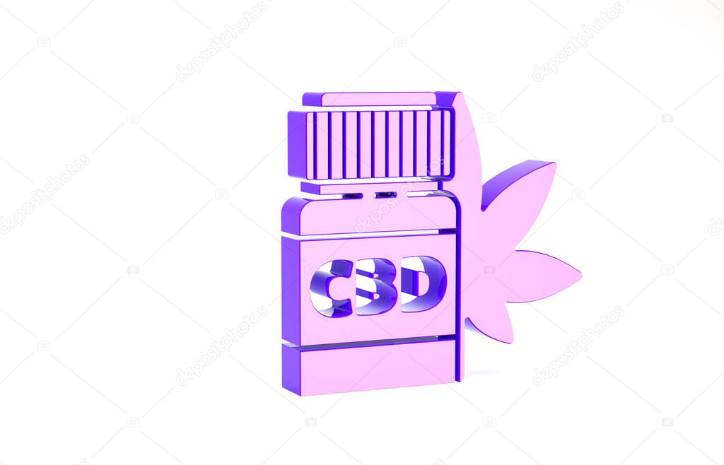 Purple Medical bottle with marijuana or cannabis leaf icon isolated on white background. Mock up of cannabis oil extracts in jars. Minimalism concept. 3d illustration 3D render