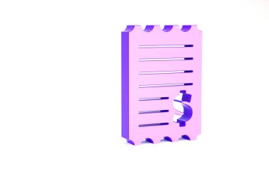 Mor kağıt kontrolü ve mali kontrol simgesi beyaz arka planda izole edildi. Kağıt baskı çeki, makbuz ya da fatura. Minimalizm kavramı. 3d illüstrasyon 3B canlandırma