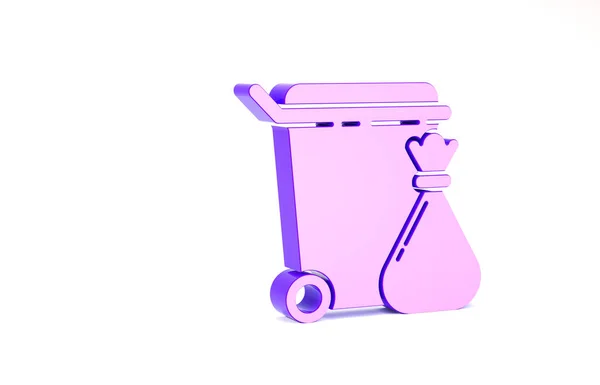 Purple Basura lata y bolsa de basura icono aislado sobre fondo blanco. Cartel de basura. Reciclar icono de cesta. Icono de basura de oficina. Concepto minimalista. 3D ilustración 3D render — Foto de Stock