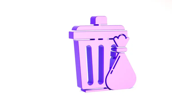 紫のゴミ箱と白の背景に隔離されたゴミ袋のアイコン。ゴミのゴミ箱の看板。リサイクルバスケットのアイコン。オフィスのゴミアイコン。最小限の概念。3Dイラスト3Dレンダリング — ストック写真
