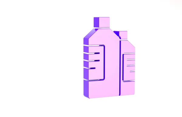 Frascos de plástico roxo para detergente de lavanderia, lixívia, líquido de lavagem de louça ou outro ícone de agente de limpeza isolado em fundo branco. Conceito de minimalismo. 3D ilustração 3D render — Fotografia de Stock