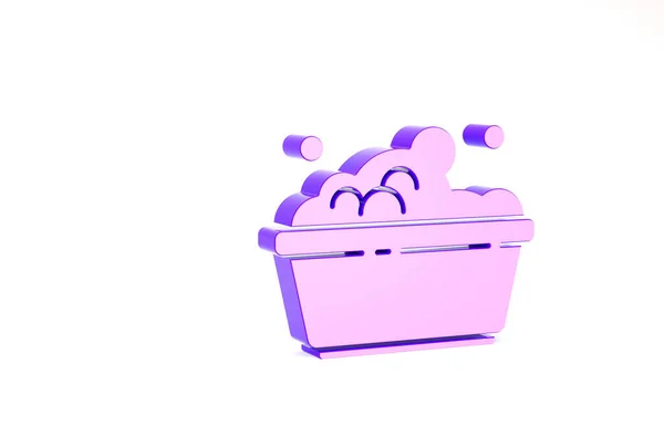 Lila Plastikbecken mit Seifenlauge-Symbol isoliert auf weißem Hintergrund. Schüssel mit Wasser vorhanden. Wäsche waschen, Ausrüstung reinigen. Minimalismus-Konzept. 3D Illustration 3D Renderer — Stockfoto