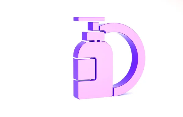 Bottiglia liquida per lavastoviglie viola e icona della piastra isolata su sfondo bianco. Detergente liquido per lavare i piatti. Concetto minimalista. Illustrazione 3d rendering 3D — Foto Stock