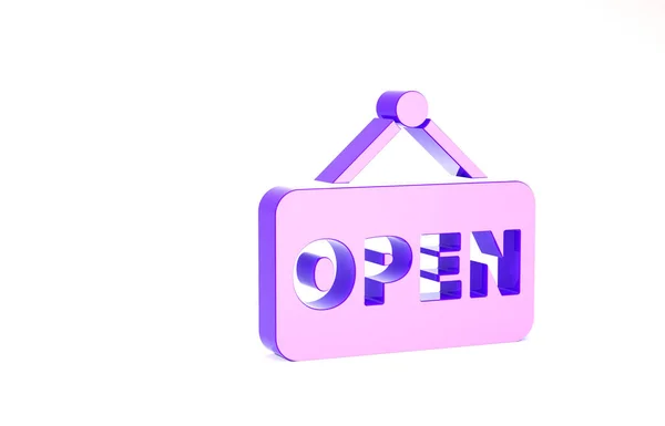 Sinal de suspensão roxo com texto Ícone de porta aberta isolado no fundo branco. Conceito de minimalismo. 3D ilustração 3D render — Fotografia de Stock