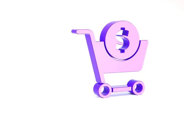 Lila bevásárlókocsi és dollár szimbólum ikon elszigetelt fehér háttér. Online vásárlási koncepció. Szállítószolgálat. Szupermarket kosár. Minimalizmus koncepció. 3d illusztráció 3D render — Stock Fotó