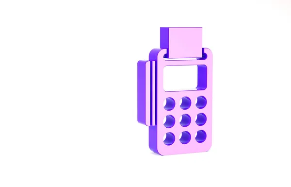 白の背景に隔離された挿入されたクレジットカードと印刷されたレシートアイコンと紫のPOS端末。NFC決済コンセプト。最小限の概念。3Dイラスト3Dレンダリング — ストック写真