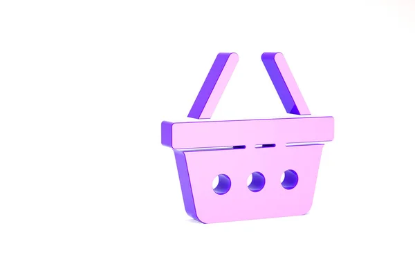 Fioletowy koszyk z ikoną na białym tle. Koncepcja zakupów online. Znak dostawy. Symbol wózka. Koncepcja minimalizmu. Ilustracja 3D 3D renderowania — Zdjęcie stockowe