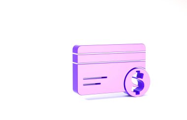 Mor kredi kartı ve dolar sembolü beyaz arka planda izole edilmiş. Çevrimiçi ödeme. Nakit çekilmesi. Finansal operasyonlar. Minimalizm kavramı. 3d illüstrasyon 3B canlandırma