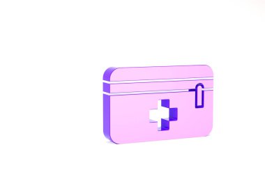 Mor ilk yardım çantası simgesi beyaz arkaplanda izole edildi. Haçlı sağlık kutusu. Acil durumlar için tıbbi ekipman. Sağlık sigortası konsepti. Minimalizm kavramı. 3d illüstrasyon 3B canlandırma