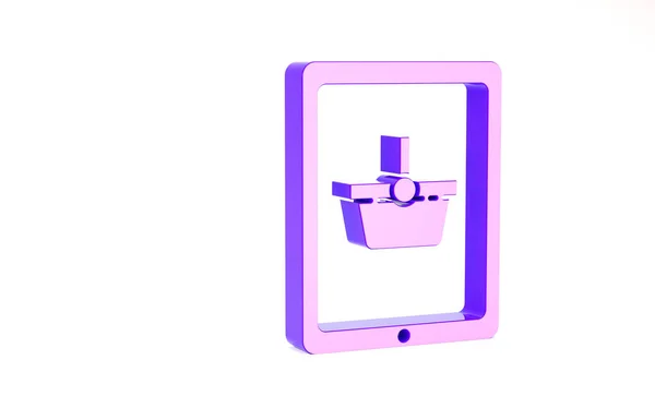 紫色购物篮屏幕上的平板图标孤立在白色背景.电子商务、电子商务、在线商务营销的概念。最低纲领的概念。3D渲染3D插图 — 图库照片