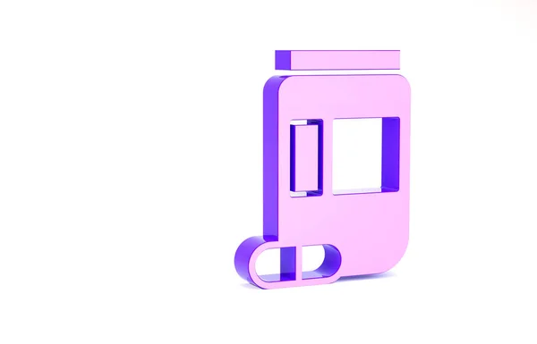 紫色药瓶和药丸图标隔离在白色背景。瓶装药丸标志。药房设计。最低纲领的概念。3D渲染3D插图 — 图库照片