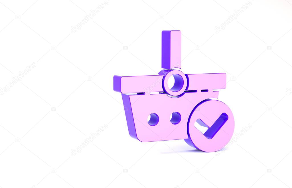 Purple Shopping basket with check mark icon isolated on white background. Supermarket basket with approved, confirm, tick, completed. Minimalism concept. 3d illustration 3D render