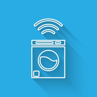Beyaz çizgi Akıllı yıkama sistemi simgesi uzun gölgeli izole edildi. Çamaşır makinesi simgesi. İnternet kavramının kablosuz bağlantısı. Vektör.
