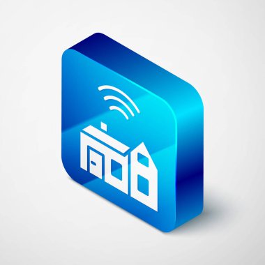 Gri arkaplanda kablosuz ikonu olan Isometric Smart evi. Uzaktan kumanda. İnternet kavramının kablosuz bağlantısı. Mavi kare düğme. Vektör.