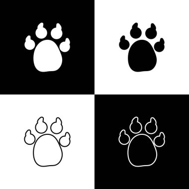 Siyah ve beyaz arkaplanda Paw yazdırma simgesini ayır. Köpek ya da kedi pençesi izi. Hayvan izleri. Vektör.
