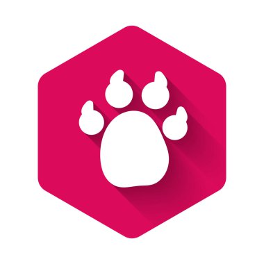 Beyaz Pençe iz simgesi uzun gölgeli izole edilmiş. Köpek ya da kedi pençesi izi. Hayvan izleri. Pembe altıgen düğmesi. Vektör.