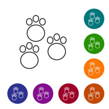 Siyah çizgi Paw yazdırma simgesi beyaz arkaplanda izole edildi. Köpek ya da kedi pençesi izi. Hayvan izleri. Simgeleri renk daire düğmelerine ayarla. Vektör.