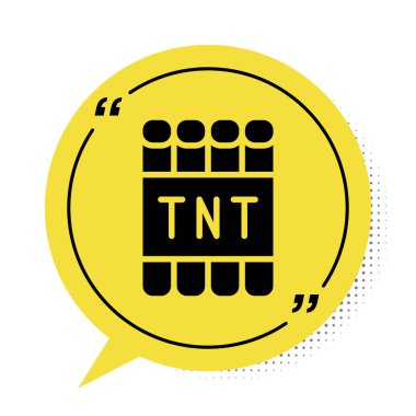 Beyaz arka planda siyah patlayıcı bomba çubuğu ve zamanlayıcı ikonu var. Saatli bomba - patlama tehlikesi kavramı. Sarı konuşma balonu sembolü. Vektör.