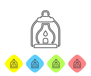 Gri çizgi kamp feneri ikonu beyaz arka planda izole edildi. Renkli eşkenar dörtgen düğmelerine simgeleri yerleştir. Vektör.