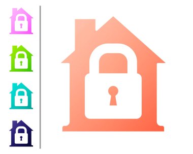 Coral House koruma altında beyaz arka planda izole edilmiş bir ikon. Eve git ve kilitle. Koruma, güvenlik, güvenlik, koruma, savunma konsepti. Renk simgelerini ayarla. Vektör.