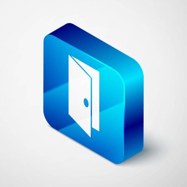 Gri arkaplanda Isometric Kapalı Kapı simgesi izole edildi. Mavi kare düğme. Vektör.