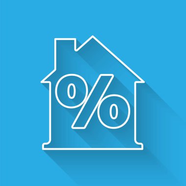 Uzun gölgeli, indirimli etiket simgesine sahip Beyaz Hat Evi. Emlak evi. Kredi yüzdesi sembolü. Vektör.