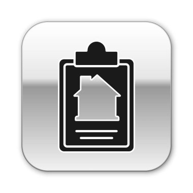 Siyah Saray 'ın sözleşme ikonu beyaz arka planda izole edilmiş. Sözleşme oluşturma hizmeti, belge oluşumu, başvuru formu bileşimi. Gümüş kare düğme. Vektör.