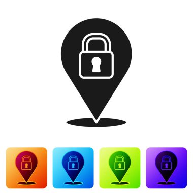 Siyah Konum kilidi simgesi beyaz arkaplanda izole edildi. Ev anahtarının konsepti. Renkli kare düğmelerle simgeleri ayarla. Vektör.