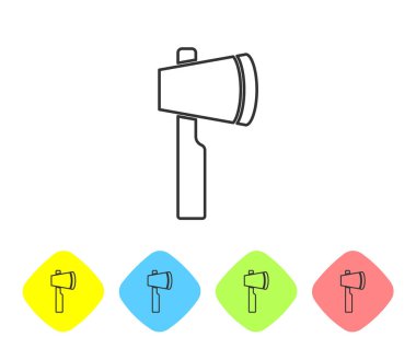 Gri çizgi tahta balta ikonu beyaz arka planda izole edildi. Oduncu baltası. Renkli eşkenar dörtgen düğmelerine simgeleri yerleştir. Vektör.