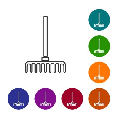 Siyah çizgi bahçe tırmık simgesi beyaz arkaplanda izole edildi. Bahçecilik, tarım, çiftçilik aleti. Toprak işçisi. Simgeleri renk daire düğmelerine ayarla. Vektör.