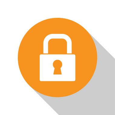 Beyaz arka planda Beyaz Kilit simgesi izole edildi. Asma kilit işareti. Güvenlik, güvenlik, koruma, gizlilik kavramı. Turuncu daire düğmesi. Vektör.