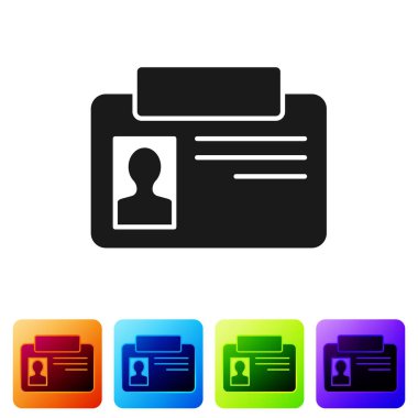 Beyaz arka planda siyah kimlik simgesi izole edildi. Sunum için, şirketin kimliği için, reklam için kullanılabilir. Renkli kare düğmelerle simgeleri ayarla. Vektör.