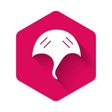 Beyaz İğneli ikon uzun gölgeli izole edilmiş. Pembe altıgen düğmesi. Vektör..